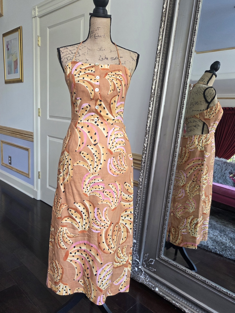 FARM Rio Peach Halter Midi Dress with Pink & Cream Accents M - Picture 2 of 9